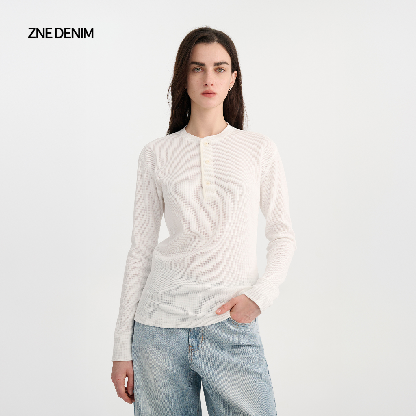 ZNE经典复古亨利领HenleyCollar华夫格棉质修身长袖T恤1685