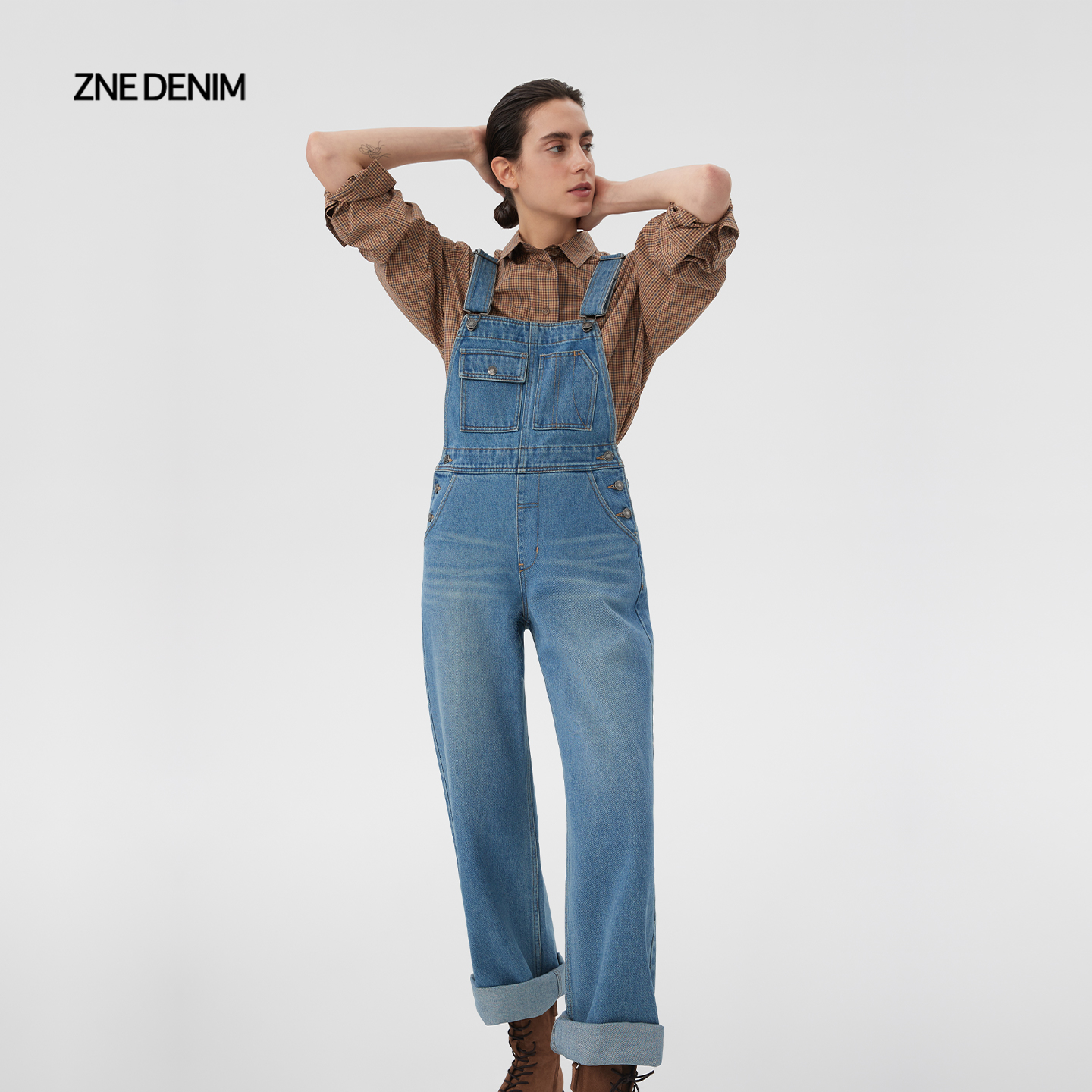 ZNE复古高腰直筒牛仔背带裤