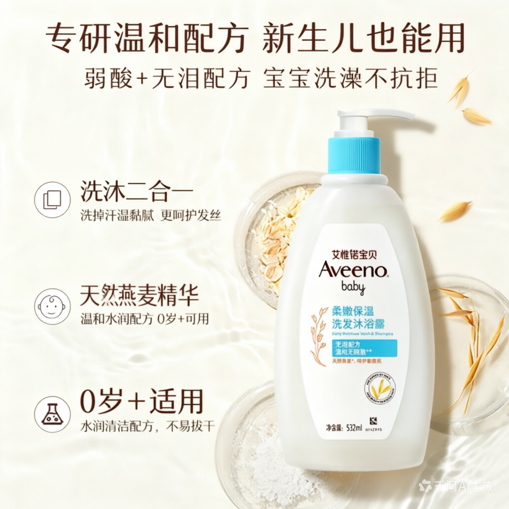 Aveeno baby艾惟诺宝贝新生儿敏感肌特护洗发沐浴露354ml儿童保湿