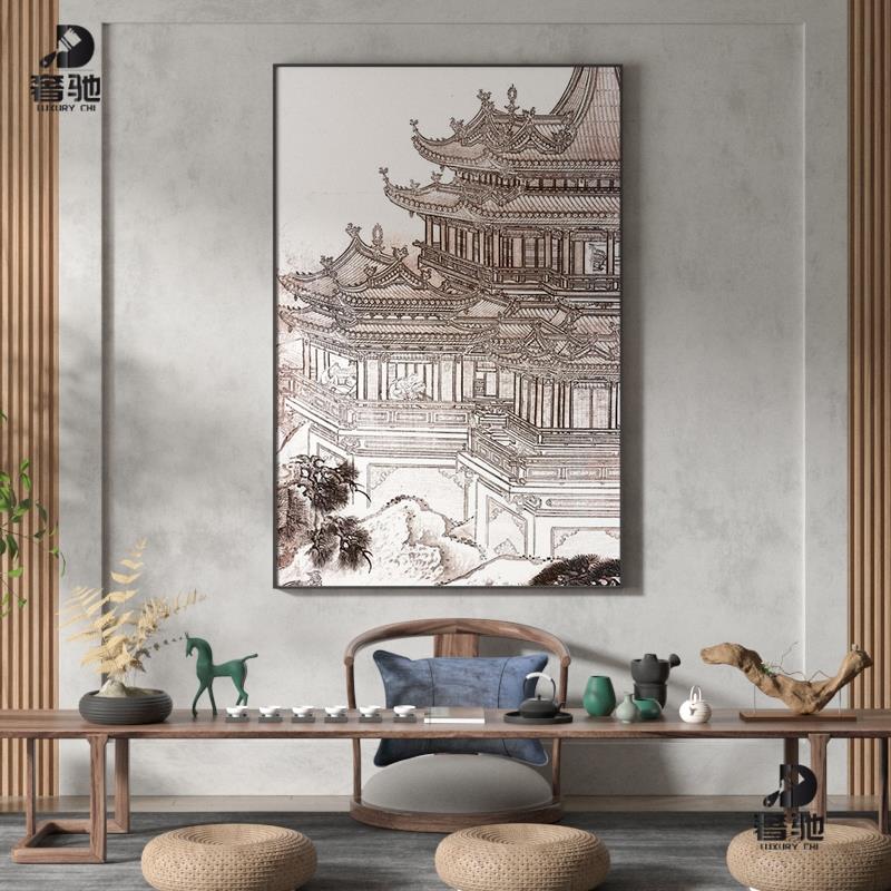 新中式装饰画客厅玄关阁楼建筑中国风古典样板房壁茶室竖版挂画图片