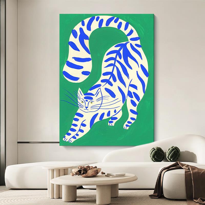 小众艺术波普风手绘油画客厅玄关豹纹小猫咪装饰画儿童房丙烯挂画图片