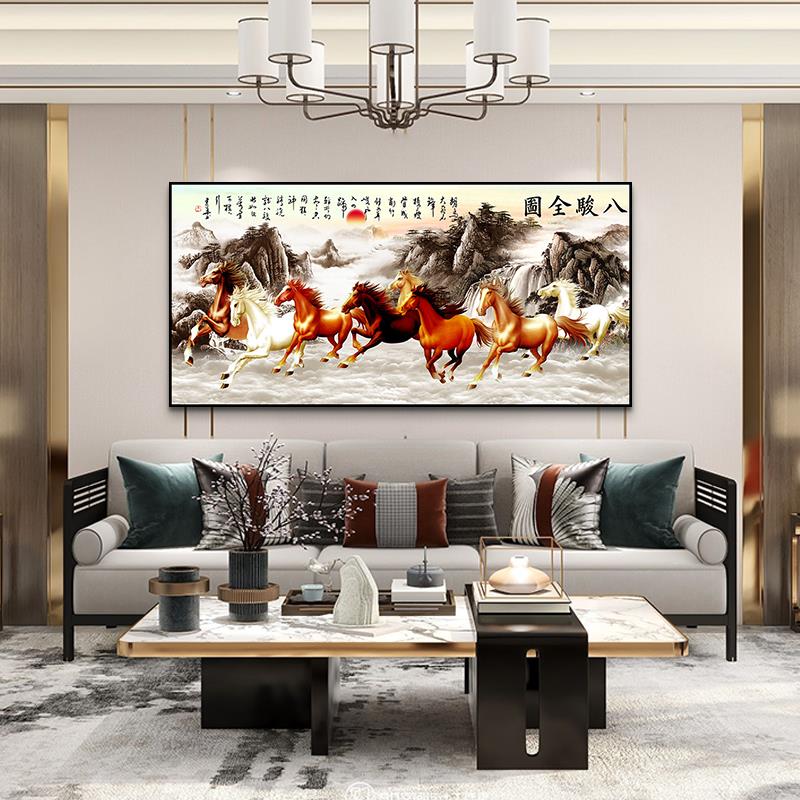 万马奔腾新中式客厅沙发背景墙挂画横版高级感卧室床头艺术壁画