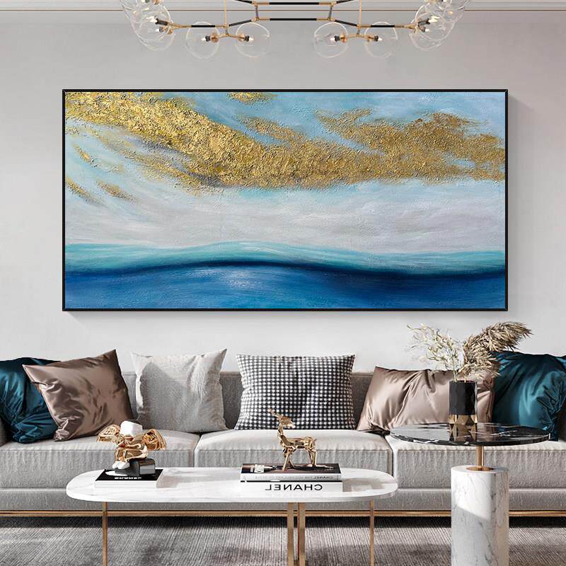 Notareart手绘油画《蓝海》轻奢横幅金箔客厅沙发背景墙装饰画