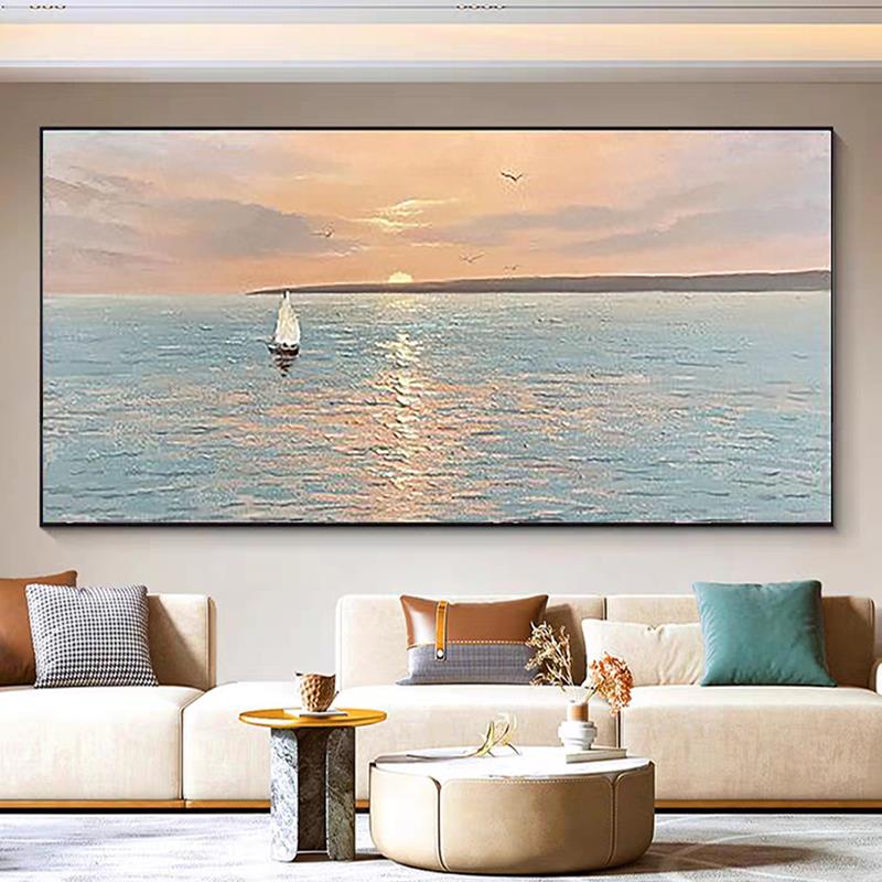 QC.ART手绘油画《一帆风顺》现代简约客厅背景墙餐厅横幅卧室挂画