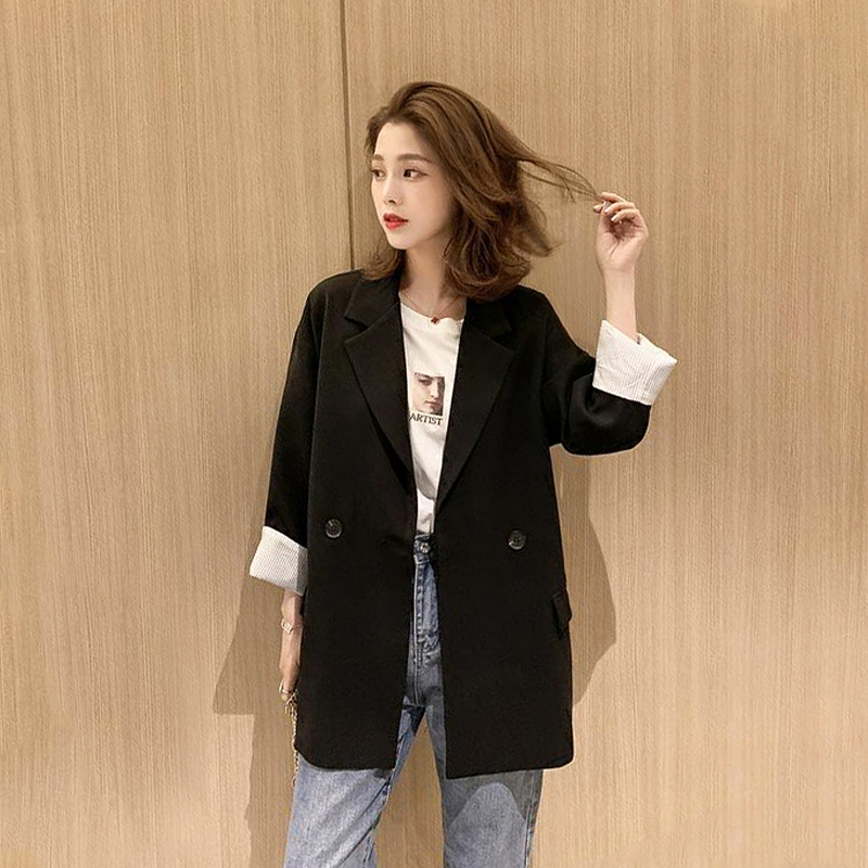 黑色西装外套女2025年新款韩版宽松休闲显瘦小西装双排扣条纹西服