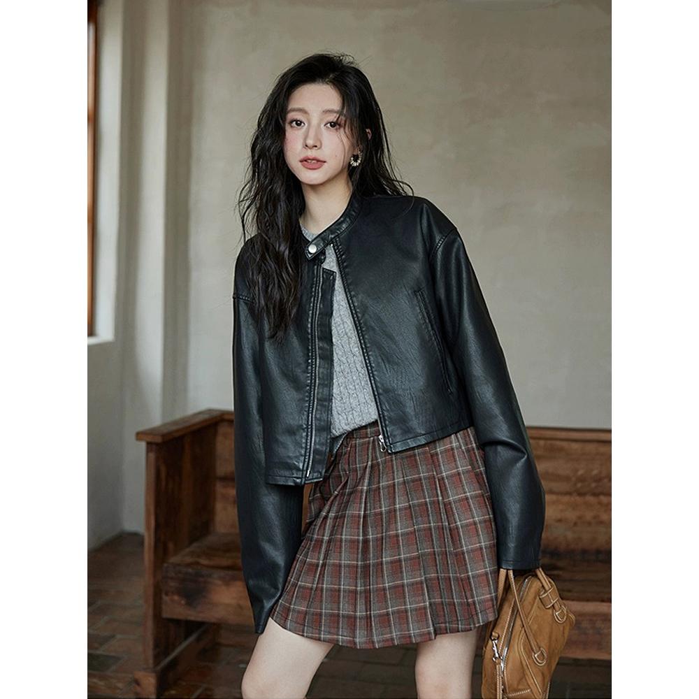 皮衣女款2025新款高级感小个子短款立领皮衣外套女美拉德PU皮夹克