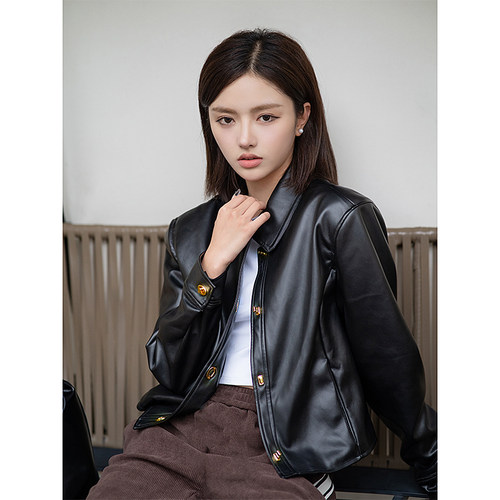 金扣皮衣外套女短款pu皮夹克