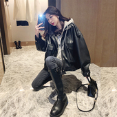 假两件皮衣外套女2025新款 超火酷飒风黑色连帽短款 机车服pu皮夹克