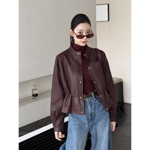 时尚立领收腰皮衣外套女