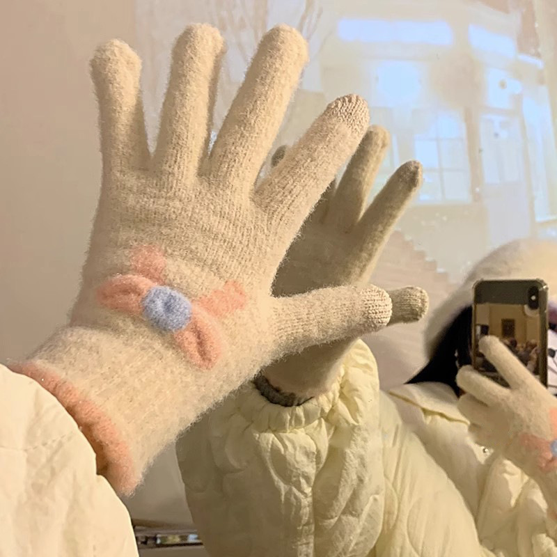 可触屏针织手套女秋冬季毛线保暖五指可爱学生冬天骑车新款蝴蝶结