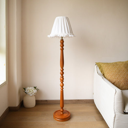 法式复古实木落地灯中古风亚麻罩