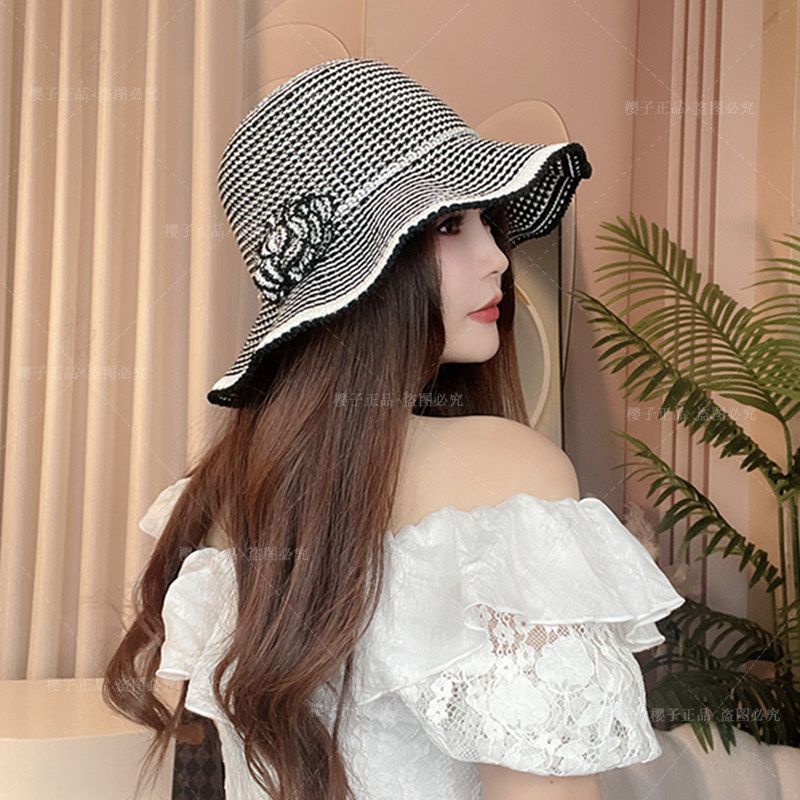夏荷]夏季女士百搭时尚撞色荷叶边大檐遮阳帽子女出游防晒渔夫帽