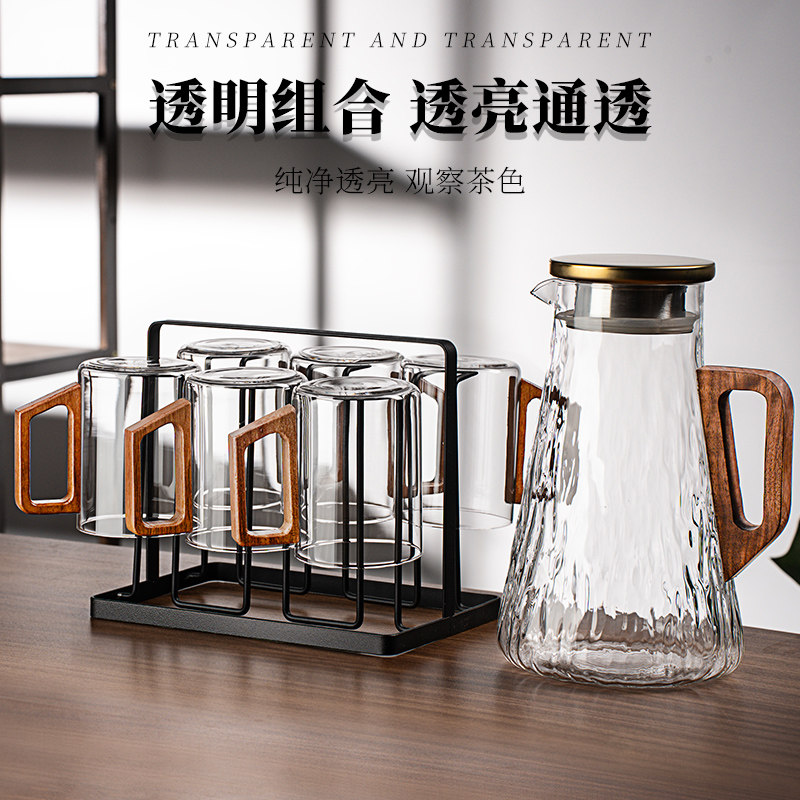 高档胡桃木把手玻璃水杯套装家用待客茶杯泡绿茶专用喝水杯子茶具