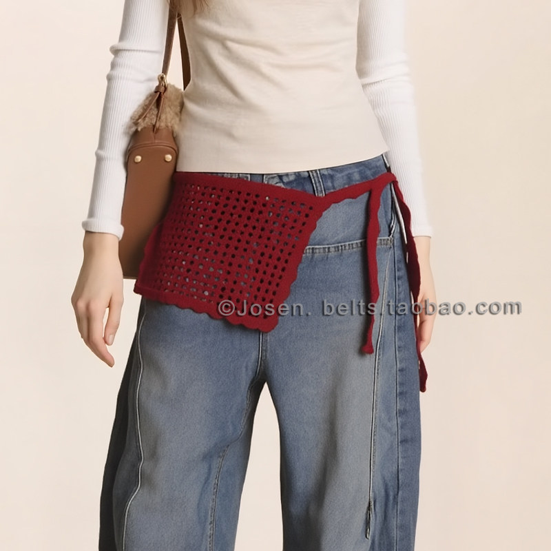 酒红色女针织镂空装饰腰带搭牛仔裤裙子复古叠穿百搭腰封时尚屁帘,服饰配件/皮带/帽子/围巾,腰带/皮带/腰链,淘宝优惠券,粉丝福利购,淘宝优惠卷