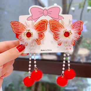 儿童古风新年发夹蝴蝶流苏毛球发饰宝宝汉服头饰红色春节拜年发卡