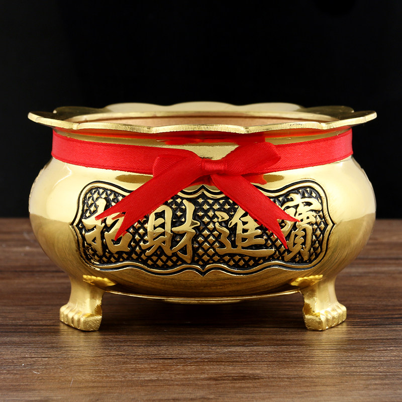 合金莲花边三脚招财金玉炉家居佛堂摆件关公财神佛龛香炉电镀香炉
