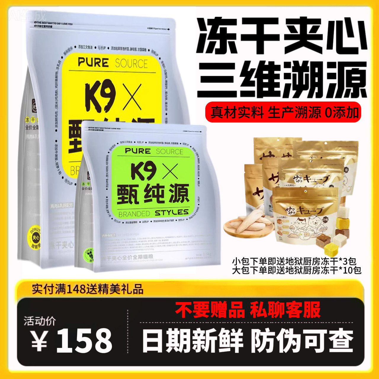 K9猫粮甄纯源全价鲜肉酶解冻干夹心鸡肉鱼油营养猫粮猫咪成猫试吃