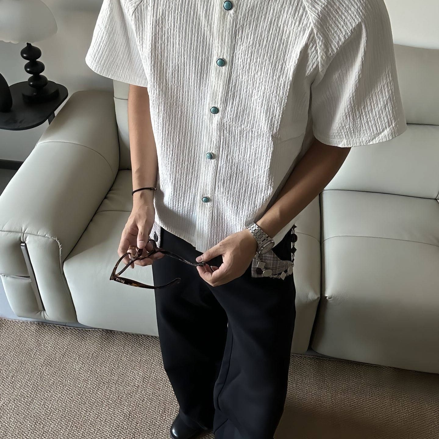 短袖衬衫T恤绿松石肌理褶皱衬衫图片