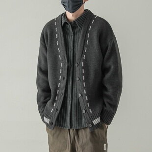 秋冬季V领毛衣开衫男士休闲宽松线衣外套日系复古潮流韩版针织衫