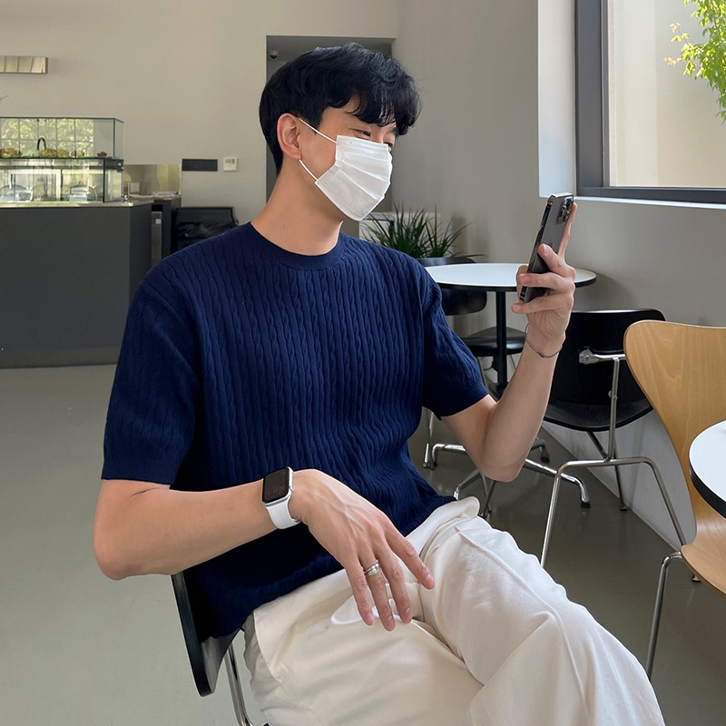 麻花短袖针织衫T恤夏季男士韩版宽松圆领针织体恤半袖打底衫痞帅