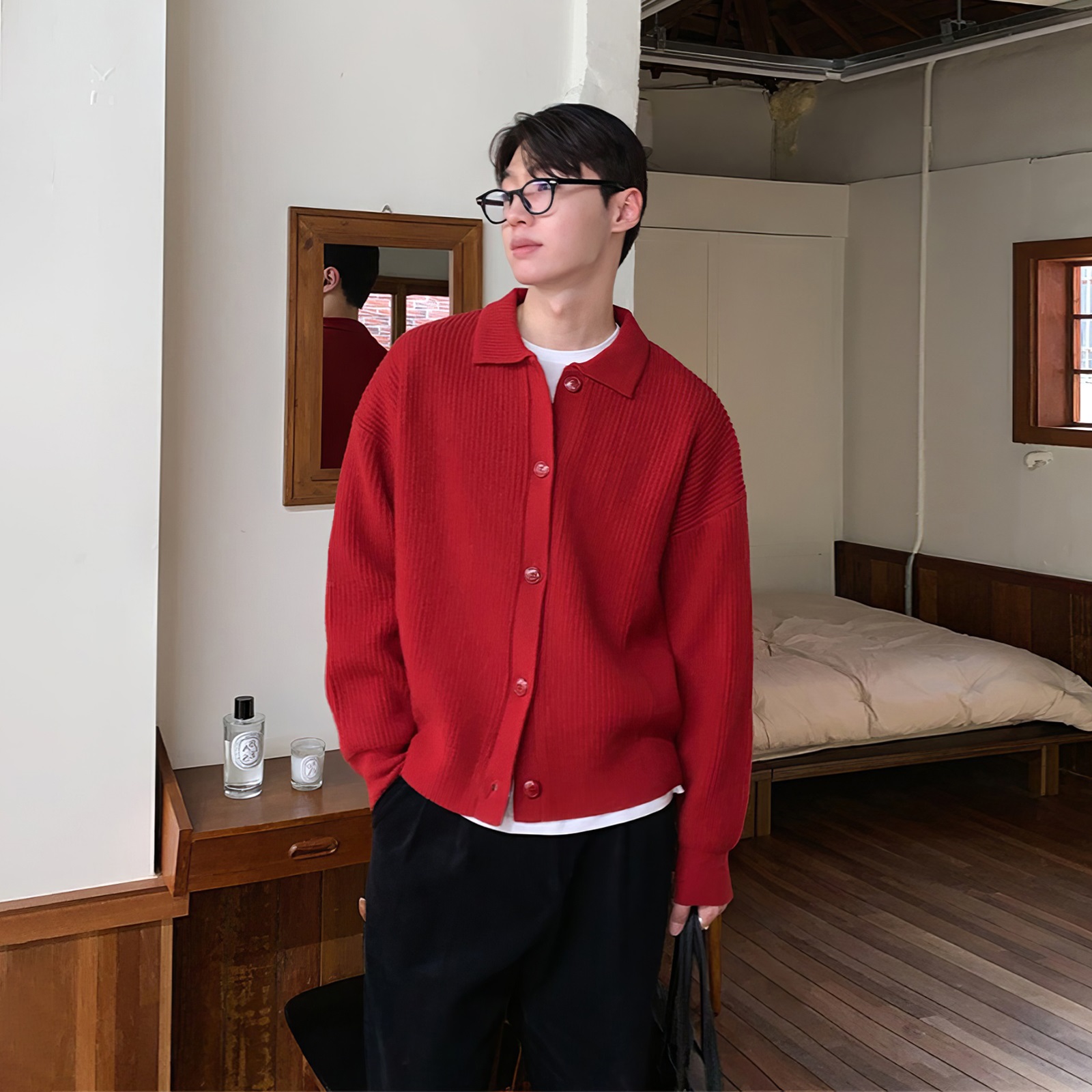 大红色毛衣针织开衫男士春秋季
