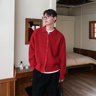 大红色毛衣针织开衫男士春秋季韩系东大门翻领本命年线衣纯色外套