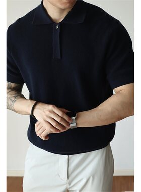 隐藏门襟翻领针织POLO冰丝短袖男