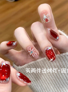 新年红色烟花穿戴甲2025新款高级感手工短款金色显白新年过年美甲