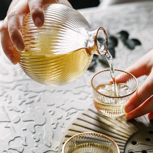 宏宵日式竖条纹透明金边玻璃清酒壶四杯清酒杯分酒器酒具套装
