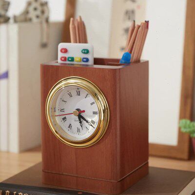 创意简约笔筒公室桌面收纳笔架桌面笔筒收纳木盒带钟表书桌笔筒