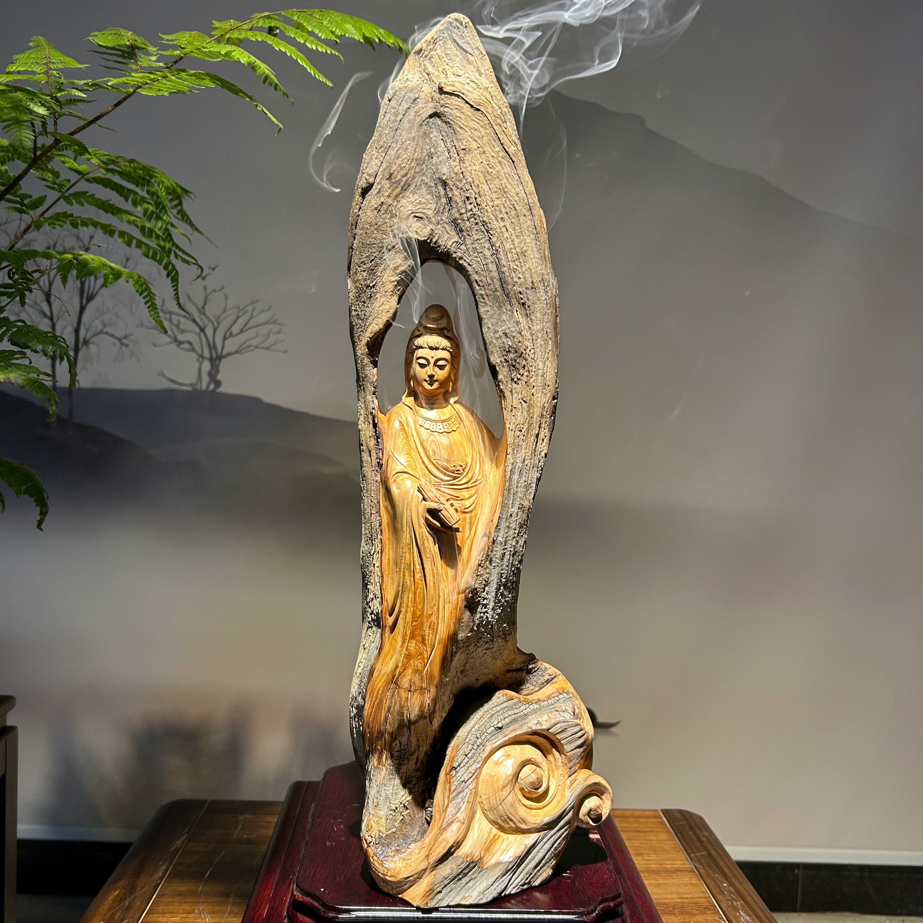 太行崖柏根雕摆件文殊观音菩萨佛像客厅茶办公室摆件公司开业送礼