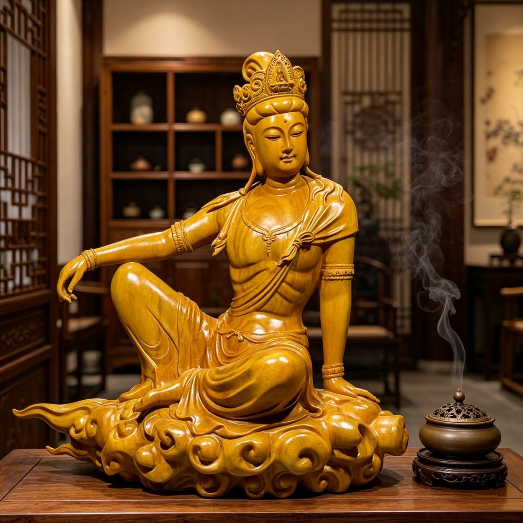 崖柏香樟木雕摆件自在观音菩萨神像摆件家用供奉佛像家居装饰品