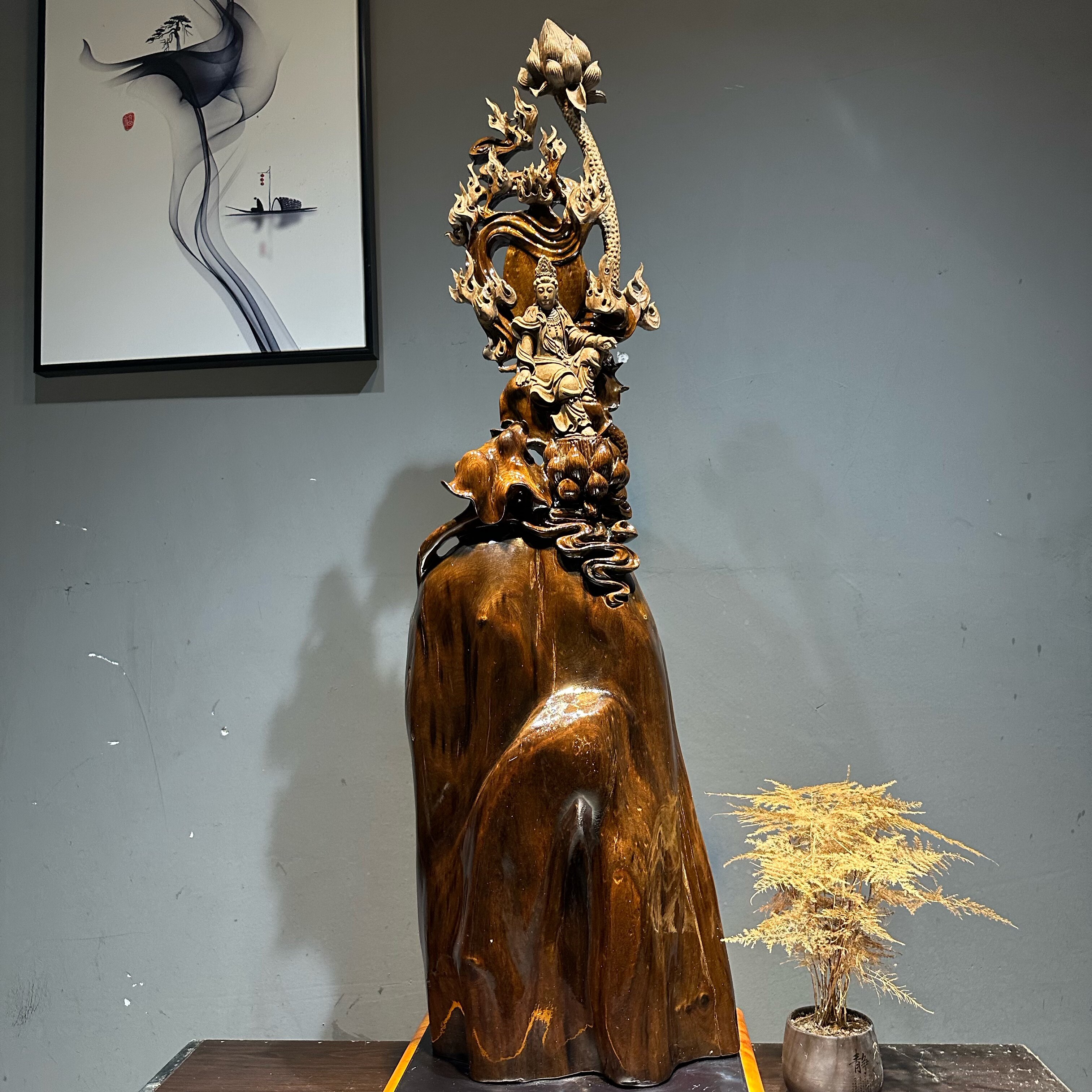 阴沉金丝楠木乌木莲花自在观音菩提纯手工雕刻客厅根雕木雕摆件