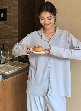 森岛秋冬家居服女韩版纽扣纯色长袖上衣长裤保暖套装宽松外穿睡衣