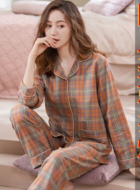 纯棉双面棉质睡衣女春秋季长袖开衫套装加大码妈妈家居服女冬