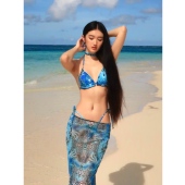 WHIMSY·蓝豹纹孔雀拼接系带ins性感温泉度假风比基尼网纱三件套