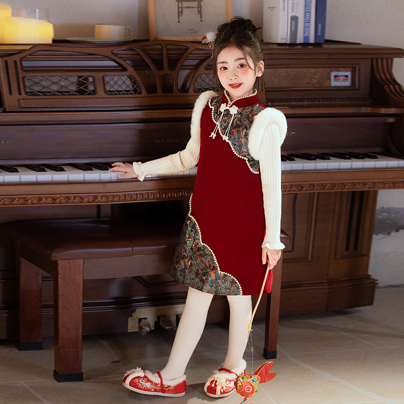 汉服女童拜年服冬装儿童秋冬过年服冬季红色喜庆衣服女孩新年唐装