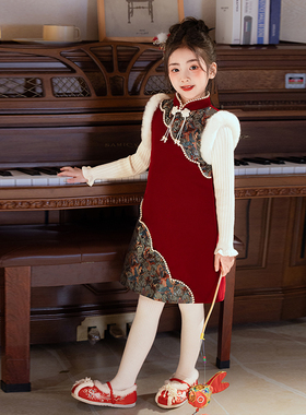 汉服女童拜年服冬装儿童秋冬过年服冬季红色喜庆衣服女孩新年唐装