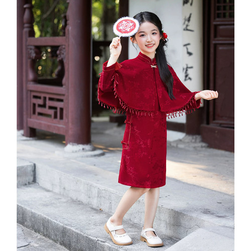 女童中国风红色旗袍连衣裙2026秋季新款新中式小女孩演出服两件套