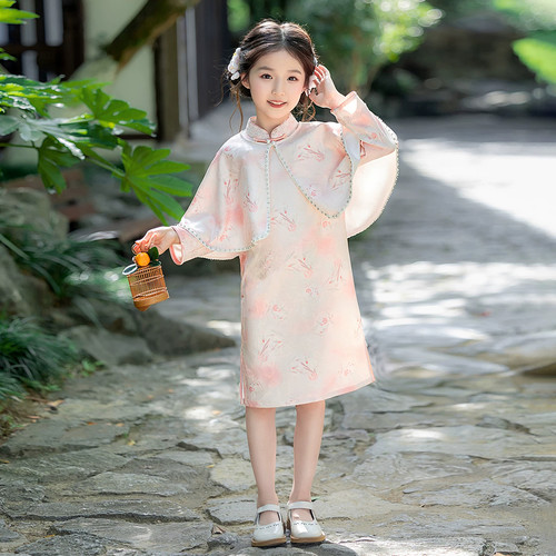 女童新中式旗袍连衣裙2026秋季新款国风改良小女孩国风披肩两件套
