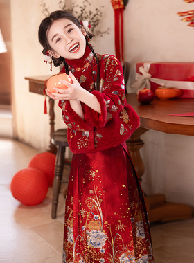 女童红色马面裙套装冬季加绒加厚唐装国风过年新年装小女孩拜年服