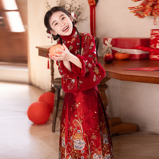 国风过年新年装 加绒加厚唐装 小女孩拜年服 冬季 女童红色马面裙套装