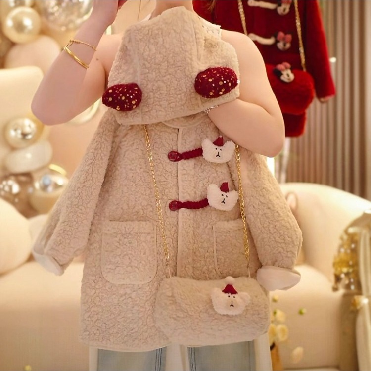 女童秋冬加绒外套2025新款儿童洋气毛毛衣加厚女孩冬季羊羔绒大衣