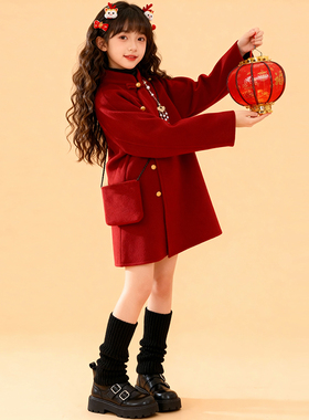 女童新年红色呢子大衣2025新款秋冬送礼中国风毛呢外套儿童拜年服