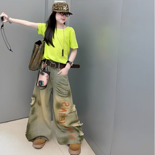 女童夏装美式酷飒炸街短袖套装2026新款复古做旧涂鸦阔腿牛仔长裤