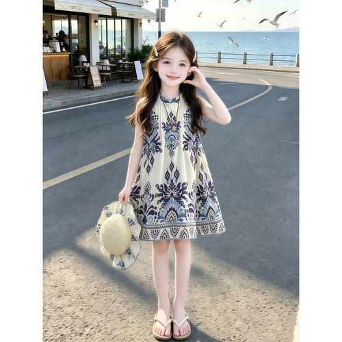 女童时尚度假风连衣裙夏装2026新款儿童圆领背心裙女孩夏季沙滩裙