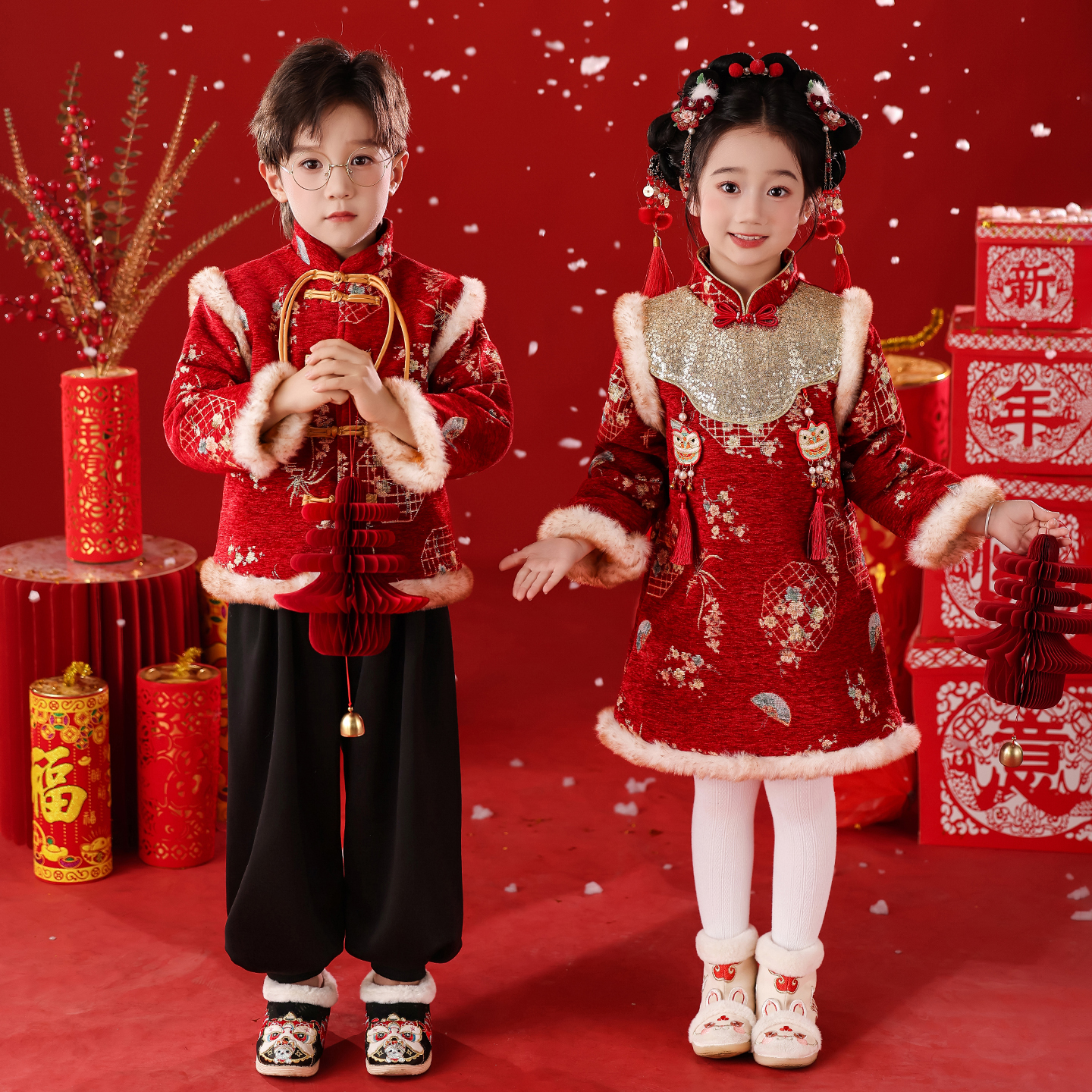 儿童元旦演出服拜年服女童幼儿园喜庆舞蹈表演服装男童红色新年服