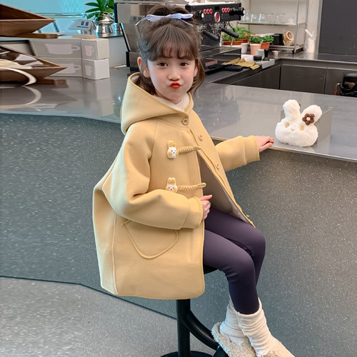 女童秋冬装外套2025新款儿童洋气女孩冬季加绒加厚中长款毛呢大衣