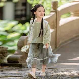 花邊馬甲公主裙小女孩國(guó)風(fēng)唐裝 三件套 新款 漢服女童連衣裙2024秋季