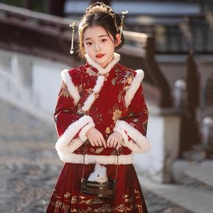 女童汉服马面裙冬季加厚儿童过年服女孩新中式红色唐装裙子拜年服